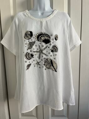 Casey Key White Coastal Sea Life Embellished Top – Women's XL